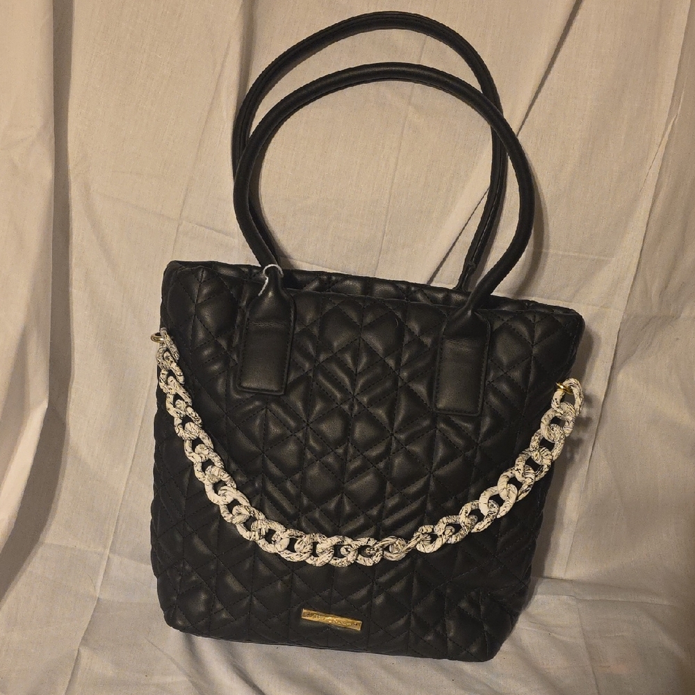 Betsey Johnson Black Quilted Shoulder Bag with Silver Chain